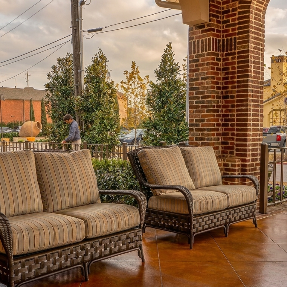 Covered restaurant patio with cushioned wicker seating, brick columns, tiled floor, landscaped grounds, and surrounding buildings.