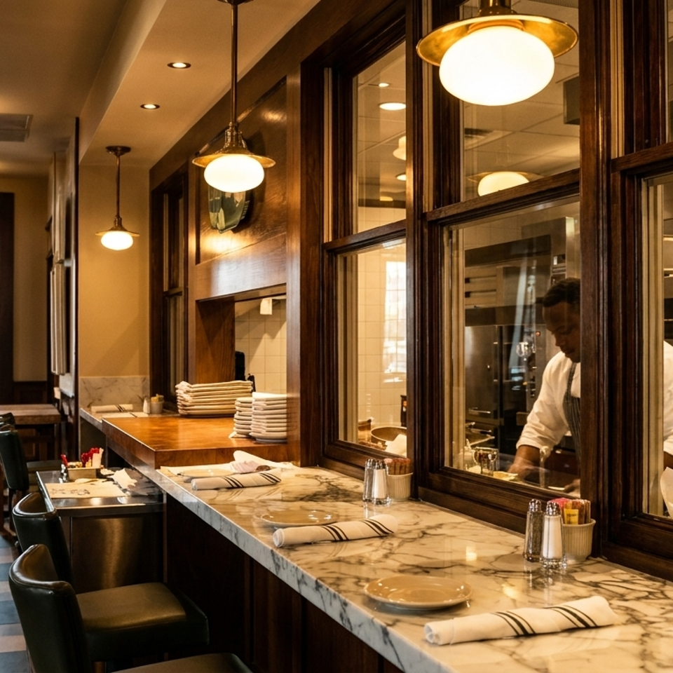 Warmly lit restaurant dining counter with marble seating, pendant lights, and a chef working in the open kitchen.